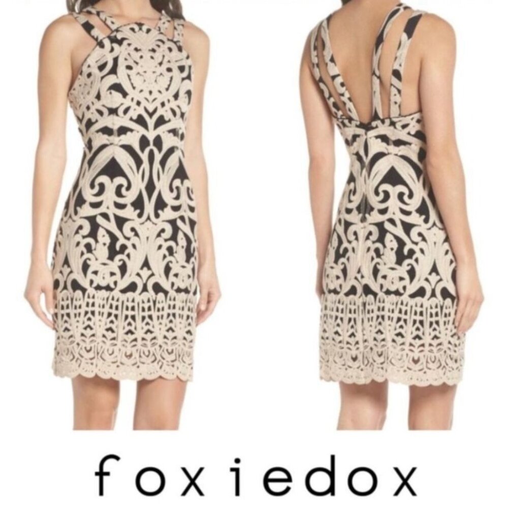 Foxiedox  Anthro Sleeveless Mini Dress Size Large Glam Prom Black Cream Cocktail